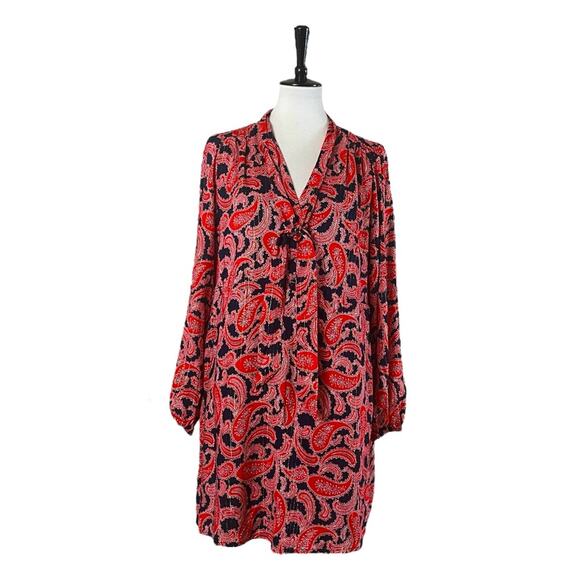 Boden New Dress Shift Tie Neck Long Sleeves Red Blue Paisley Women’s Size 10 - Picture 3 of 15